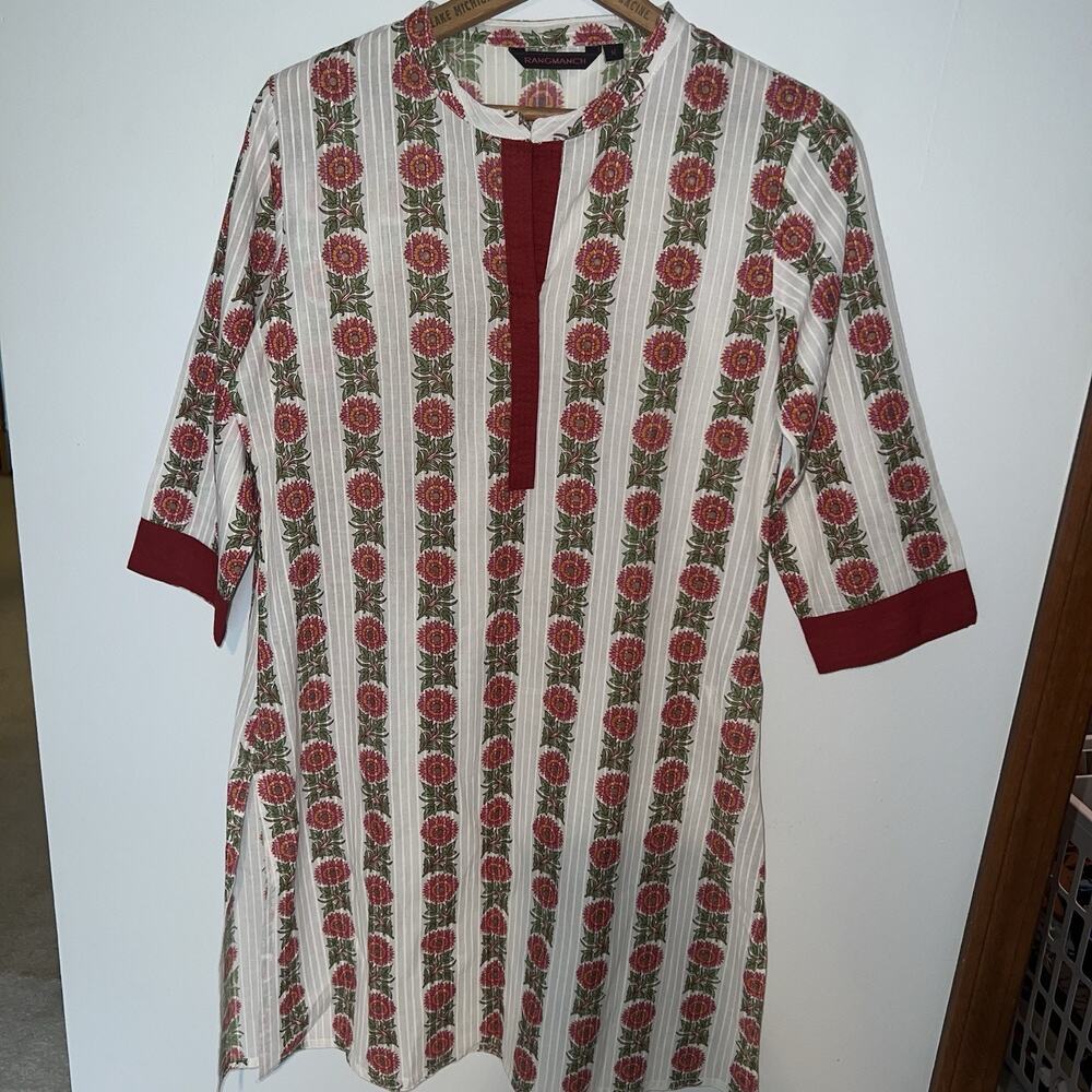 Rangmanch Kurta Tunic Top Dress Medium Floral Split Hem Indian Boho Red White
